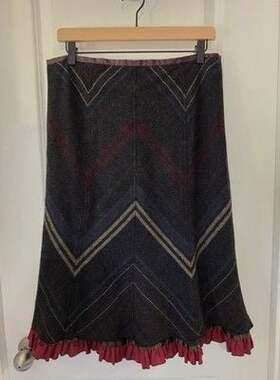 Field Manor Wool Blend Plaid Midi Skirt Womens 12 Chevron Burgundy Gray Ruffle H